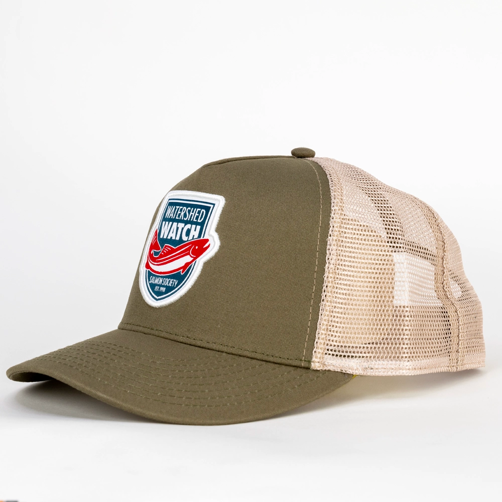 An Olive / Khaki trucker hat with a 'Watershed Watch Salmon Society' embroidered patch on the front, set against a plain white background.