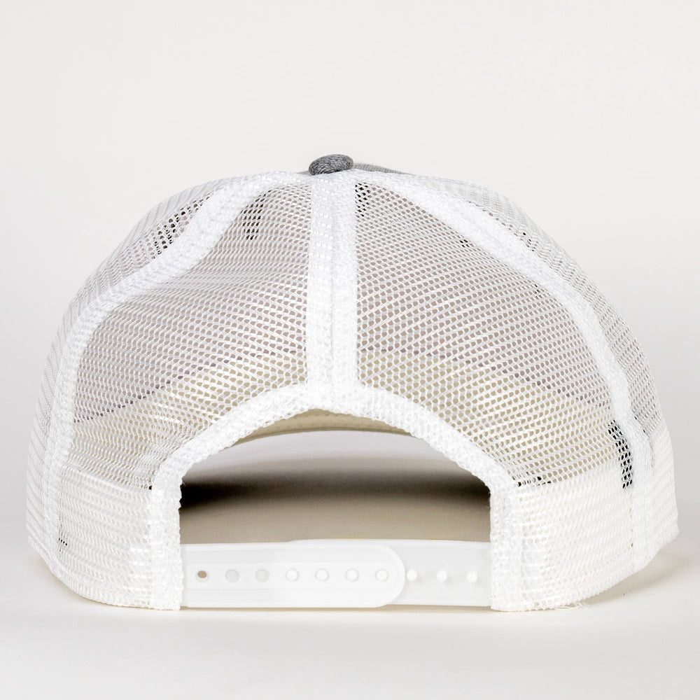 Heather Grey / White trucker hat viewed from the back, featuring a white structured back panel, white mesh side panels, and a gray snapback button on a light gray background.