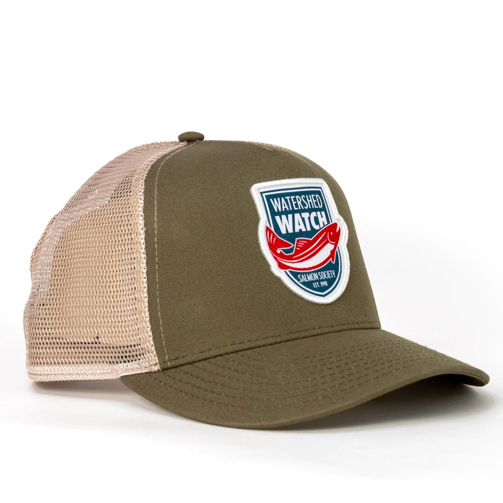 An Olive / Khaki trucker hat with a 'Watershed Watch Salmon Society' embroidered patch on the front, set against a plain white background.